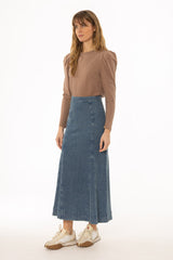 Light Blue Denim Godet Maxi Skirt