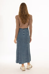 Light Blue Denim Godet Maxi Skirt