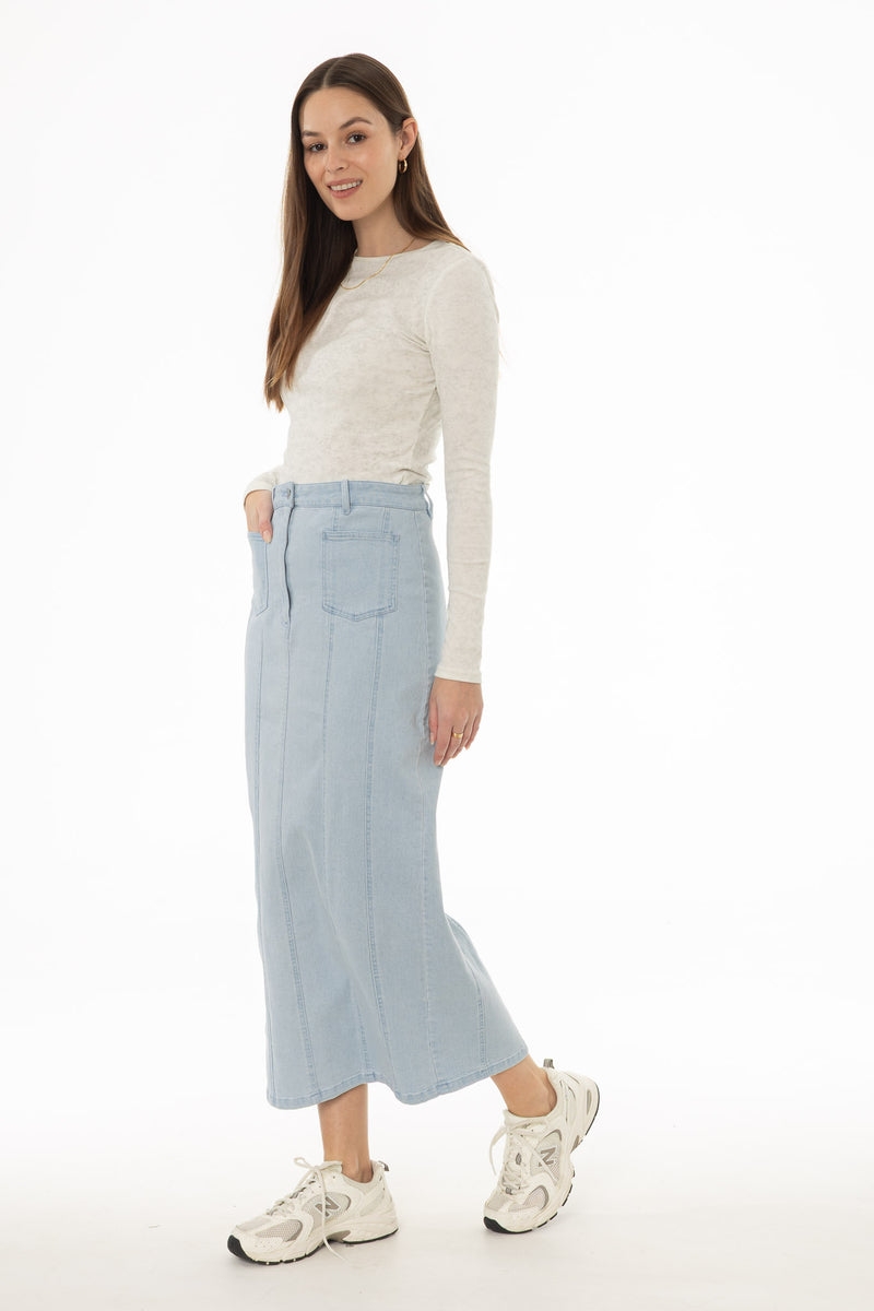 Light Blue Denim Pocket Seam Maxi Skirt – BLANK