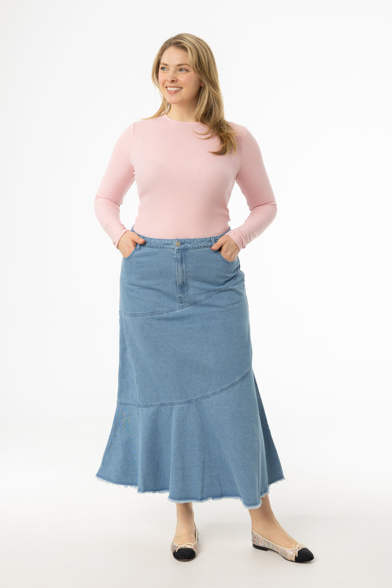 Light Blue Fringe Tiered Denim Skirt