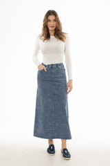 Light Blue Stretch Cotton Acid Wash Maxi Skirt