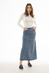 Light Blue Stretch Cotton Acid Wash Maxi Skirt