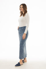 Light Blue Stretch Cotton Acid Wash Maxi Skirt