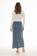 Light Blue Stretch Cotton Acid Wash Maxi Skirt