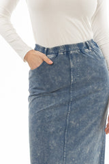 Light Blue Stretch Cotton Acid Wash Maxi Skirt
