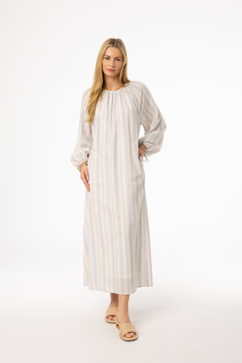 Light Blue Stripe Drawstring Sleeve Maxi Dress