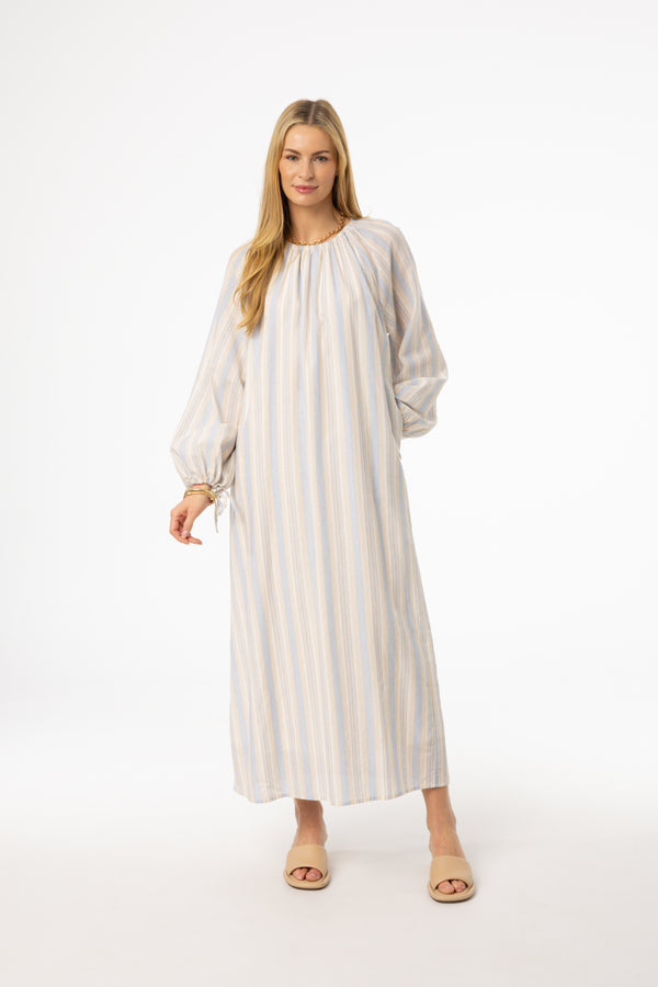 Light Blue Stripe Drawstring Sleeve Maxi Dress