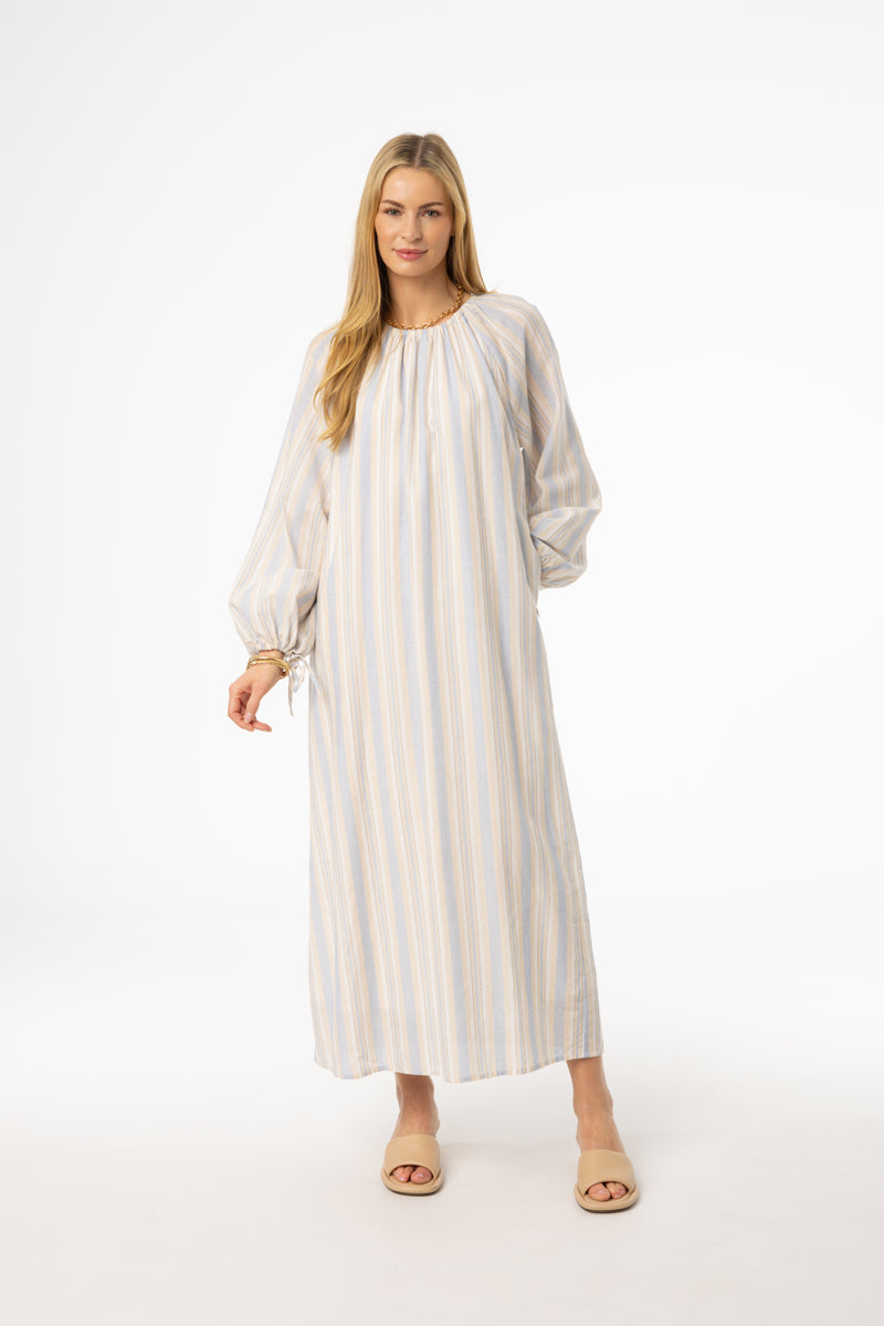 Light Blue Stripe Drawstring Sleeve Maxi Dress