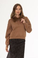 Light Brown Faux Fur Collar Sweatshirt