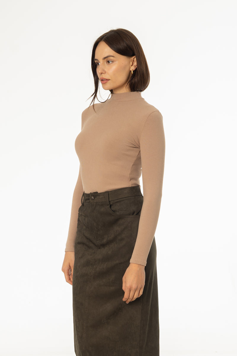 Light Brown Ribbed Mock Neck Top