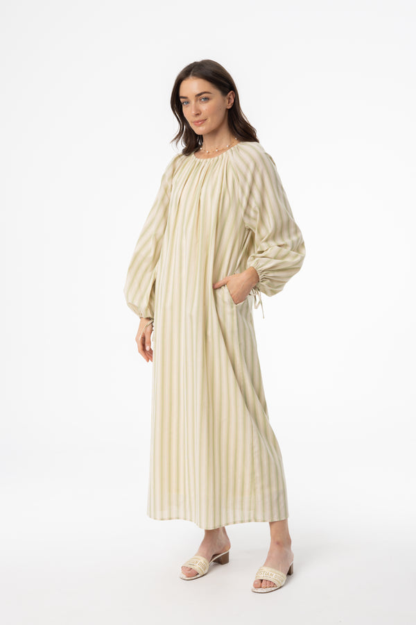 Light Green Stripe Drawstring Sleeve Maxi Dress