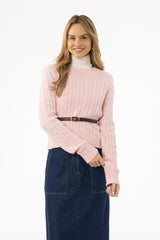 Light Pink Round Neck Cable Knit Sweater