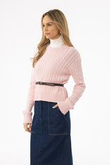 Light Pink Round Neck Cable Knit Sweater