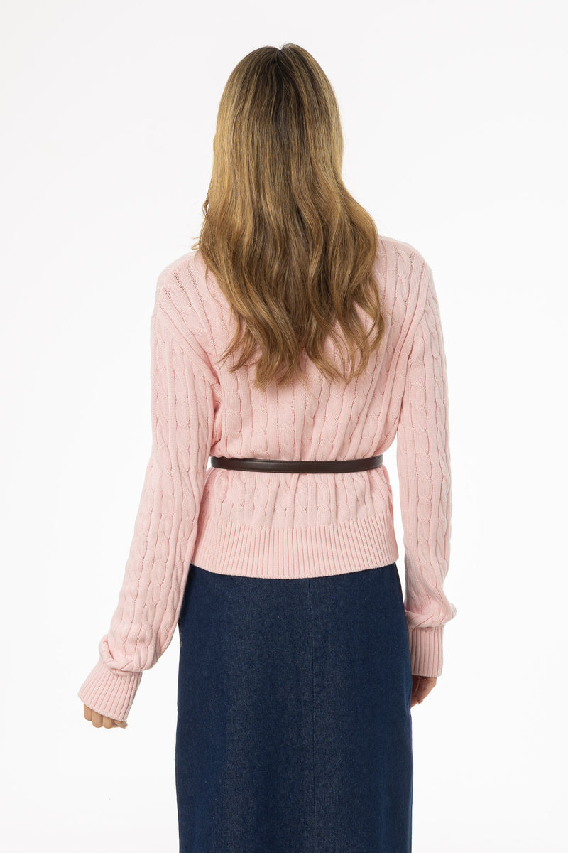 Light Pink Round Neck Cable Knit Sweater