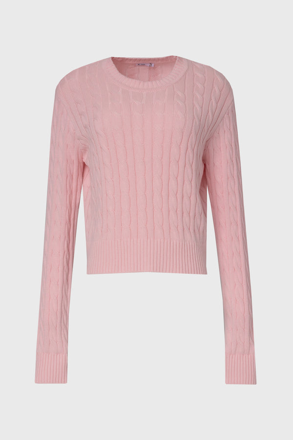 Soft pink cable knit sweater with round neckline