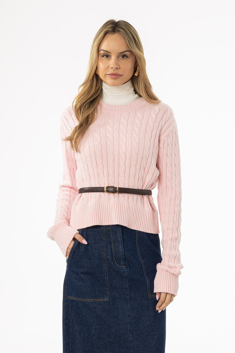 Light Pink Round Neck Cable Knit Sweater