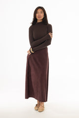 Maroon Drop-Waist Microsuede Midi Skirt