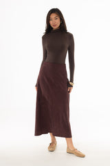 Maroon Drop-Waist Microsuede Midi Skirt