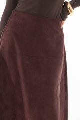 Maroon Drop-Waist Microsuede Midi Skirt