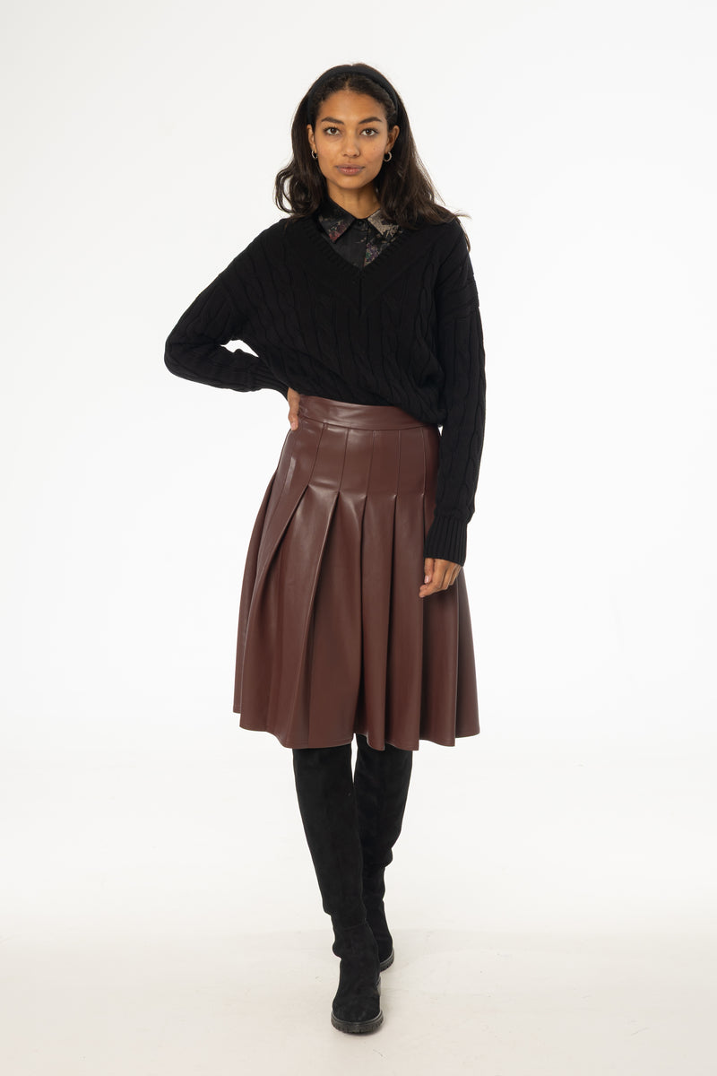 Burgundy Pleated Vegan Leather Skirt