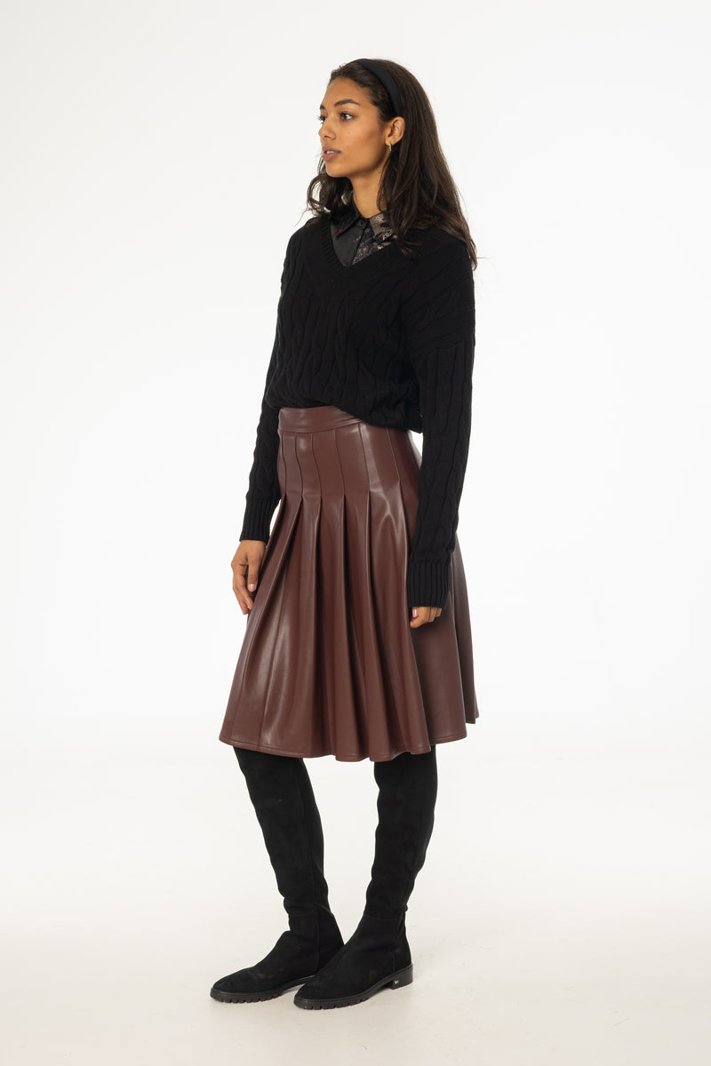 Burgundy Pleated Vegan Leather Skirt