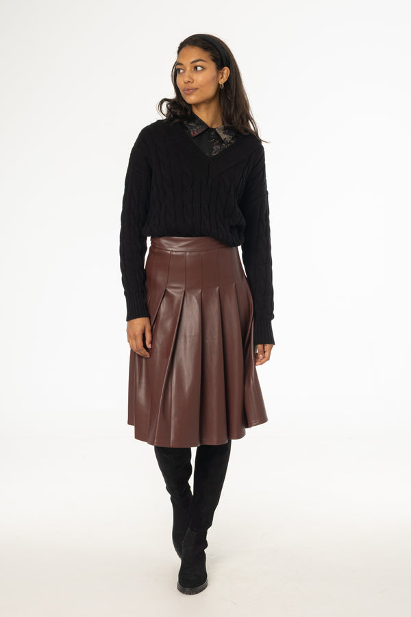 Burgundy Pleated Vegan Leather Skirt
