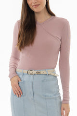Mauve Ribbed Faux Wrap T-Shirt