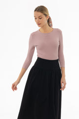 Mauve Ribbed Round Neck 3/4 Sleeve T-Shirt