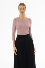 Mauve Ribbed Round Neck 3/4 Sleeve T-Shirt