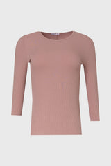 Mauve Ribbed Round Neck 3/4 Sleeve T-Shirt