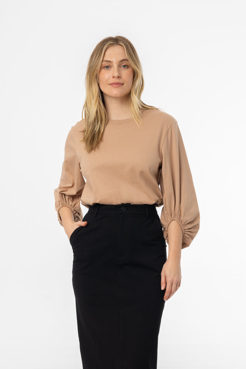 Mocha Gathered Sleeve T-Shirt