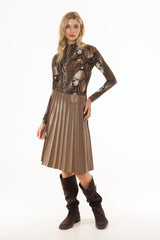 Mocha Pintuck Vegan Leather Midi Skirt