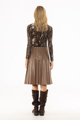 Mocha Pintuck Vegan Leather Midi Skirt