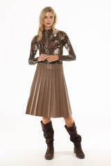 Mocha Pintuck Vegan Leather Midi Skirt