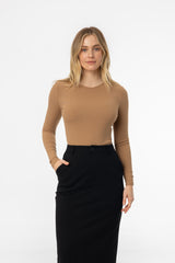 Mocha Ribbed V Neck Long Sleeve T-Shirt