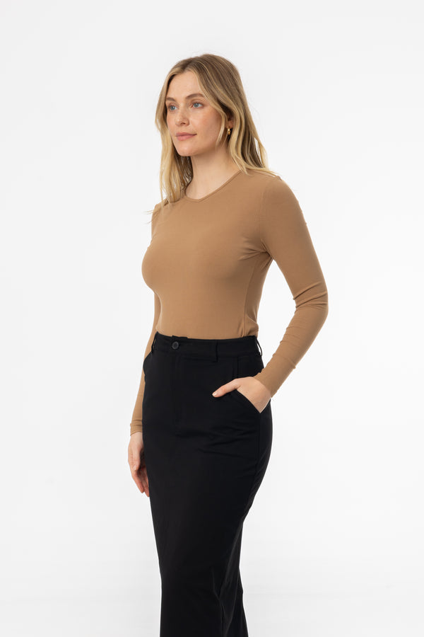 Mocha Ribbed V Neck Long Sleeve T-Shirt