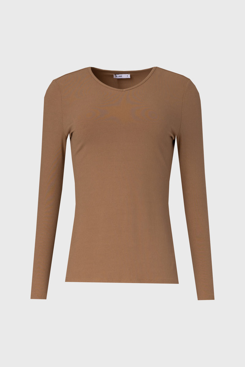 Mocha Ribbed V Neck Long Sleeve T-Shirt