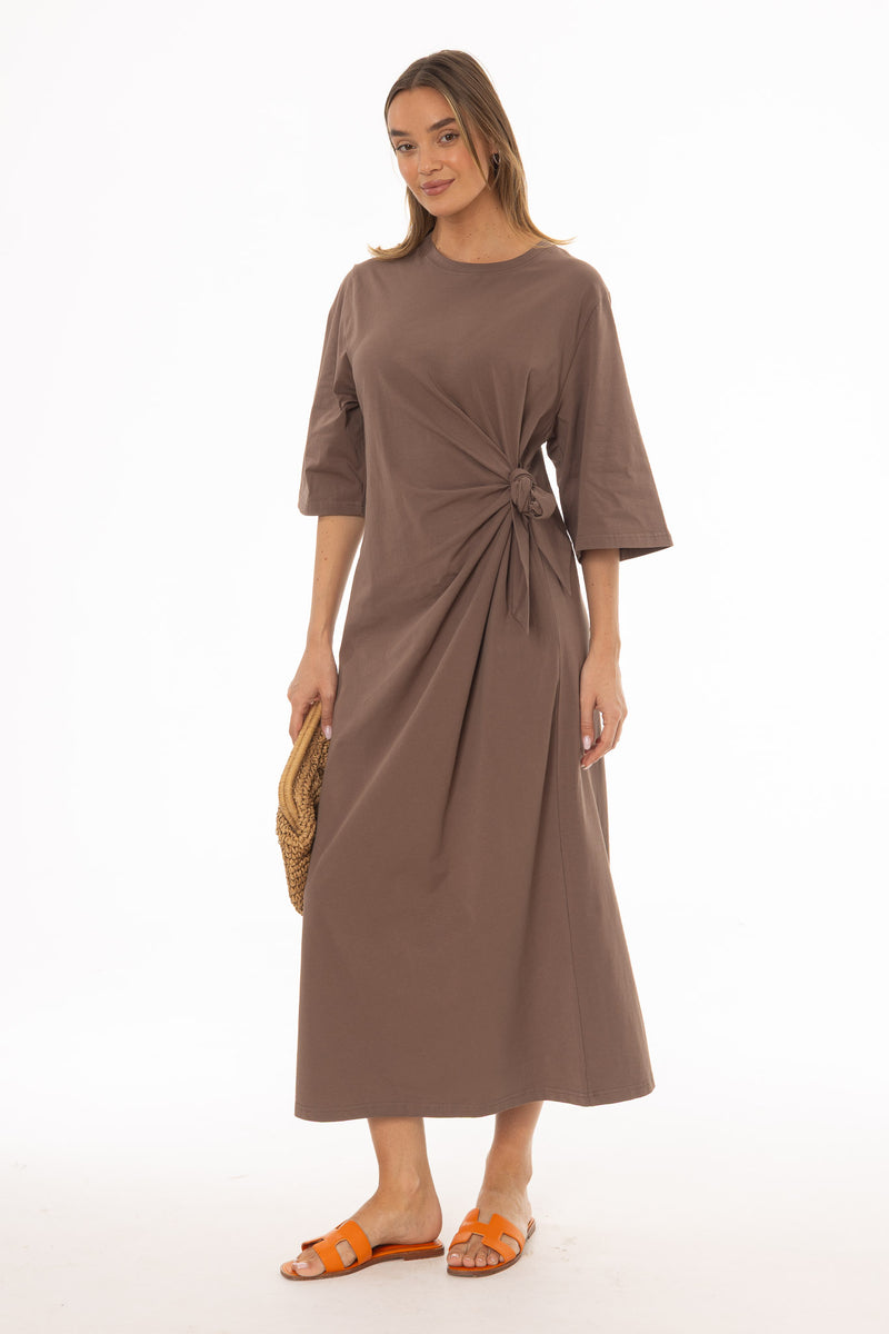 Mocha Side Tie T-Shirt Maxi Dress – BLANK