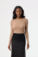 Mocha Solid Round Neck Long Sleeve T-Shirt