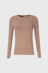 Mocha Solid Round Neck Long Sleeve T-Shirt