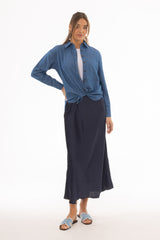 Navy A-Line Satin Effect Maxi Skirt