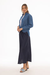 Navy A-Line Satin Effect Maxi Skirt