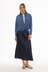 Navy A-Line Satin Effect Maxi Skirt