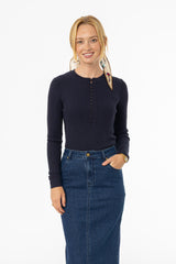 Navy Button Knit Top
