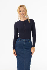 Navy Button Knit Top