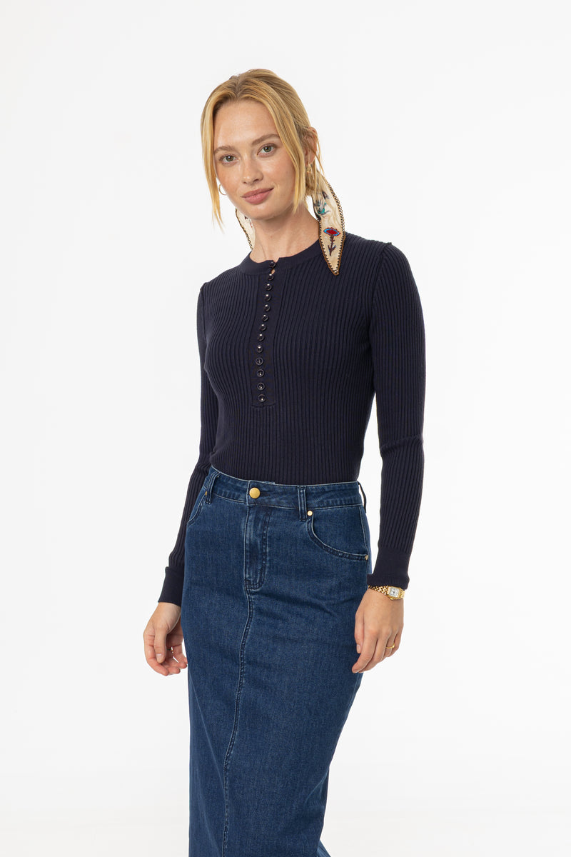 Navy Button Knit Top