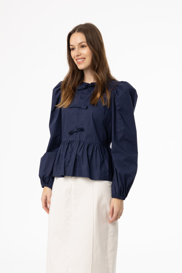 Navy Cotton Bow Blouse