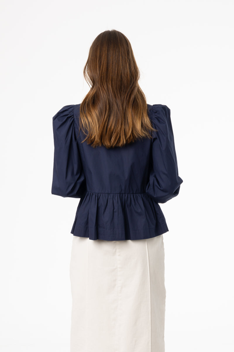 Navy Cotton Bow Blouse