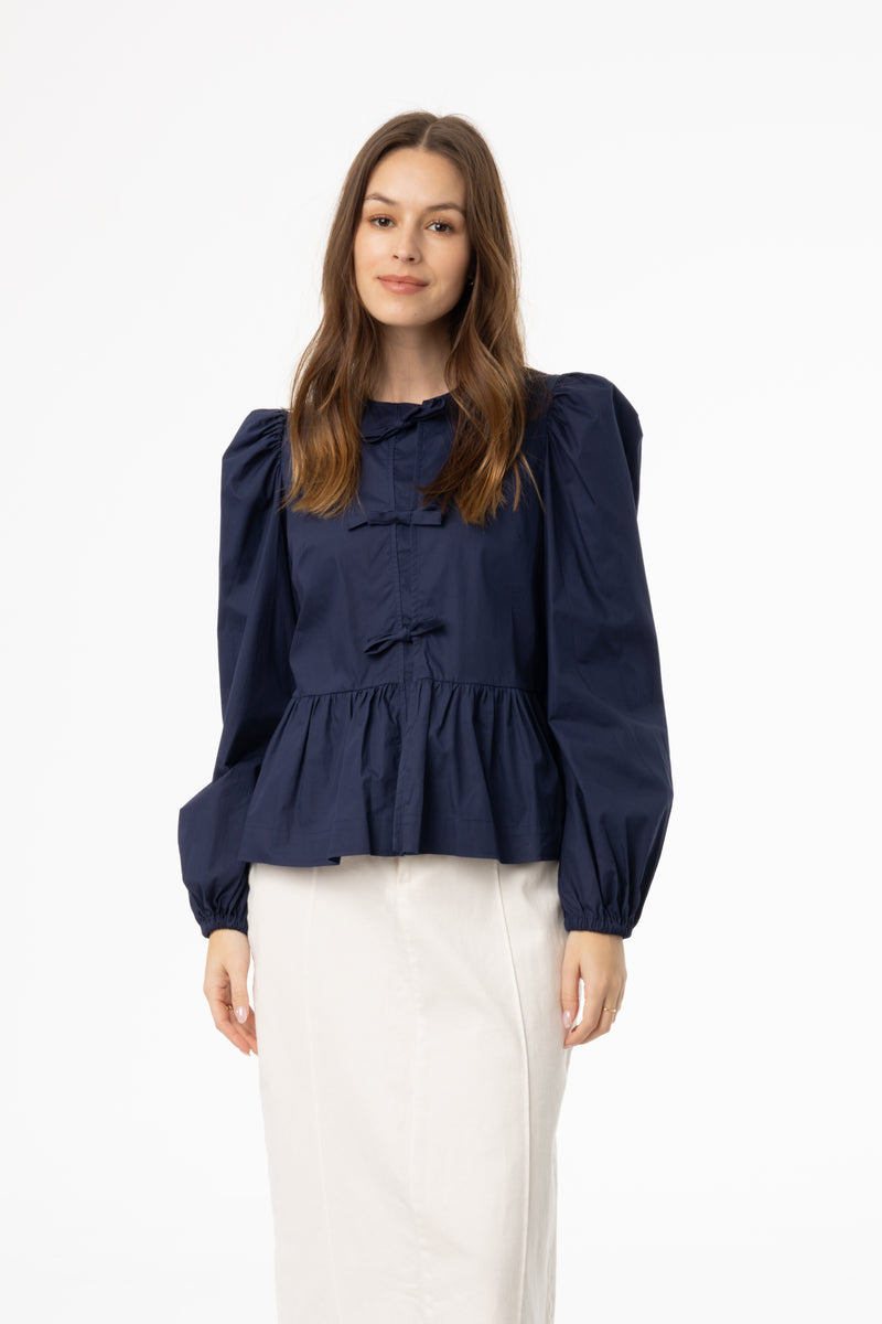 Navy Cotton Bow Blouse