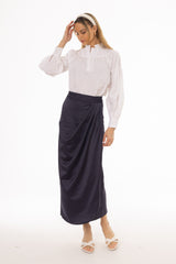 Navy Draped Wrap Maxi Skirt